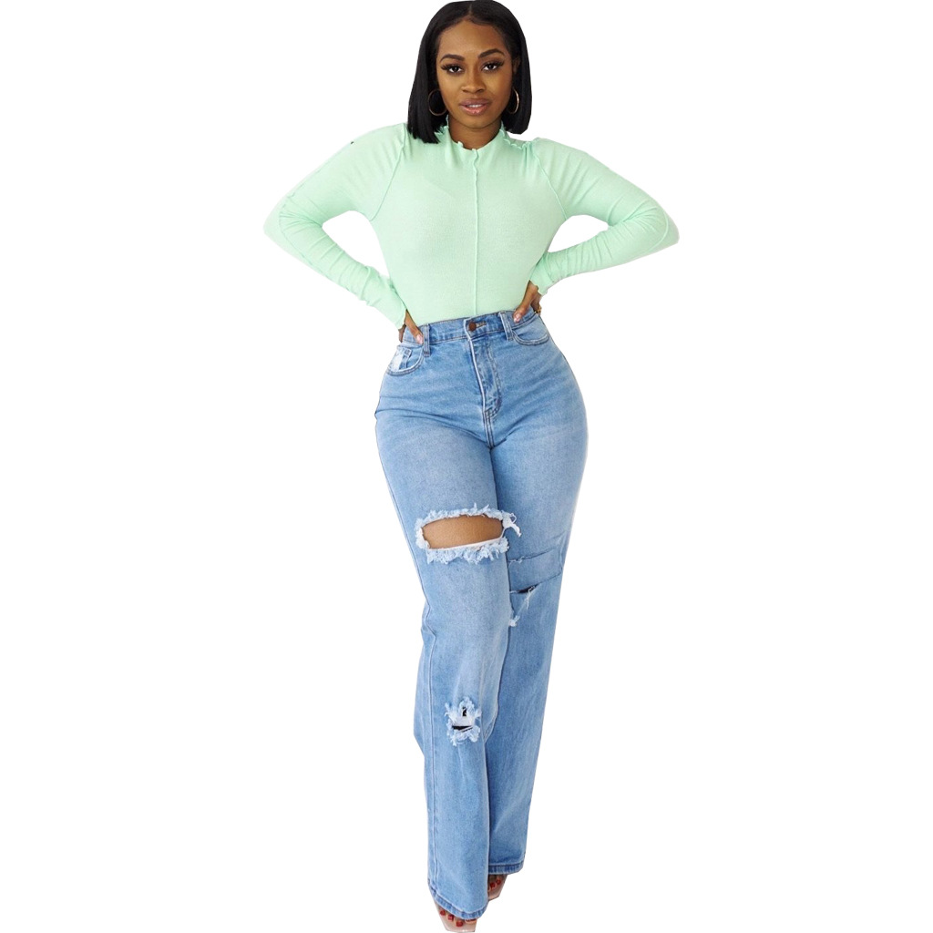 Elastic perforated straight pants