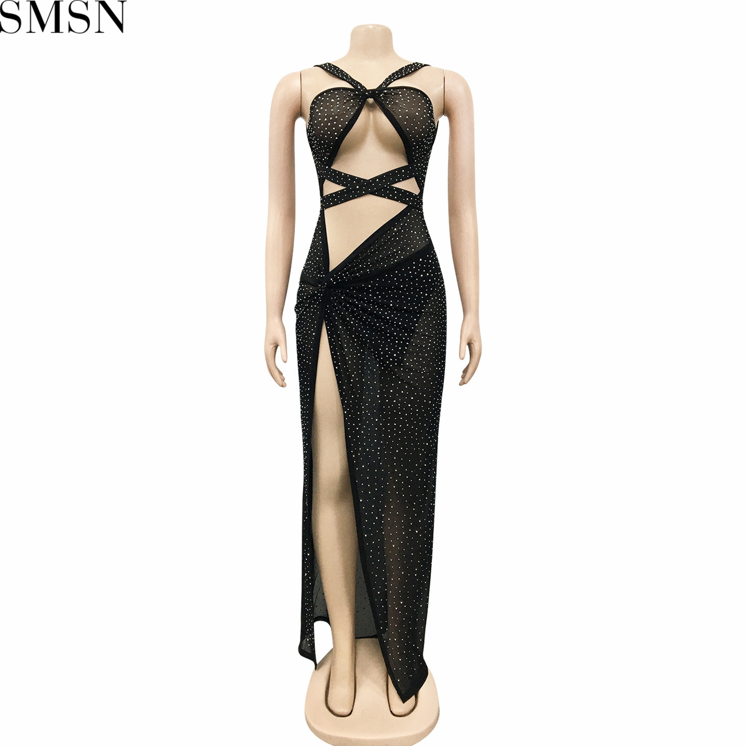 Plus Size Dress new fashion style nightclub mesh hot drilling sexy hollow-out camisole split maxi dress