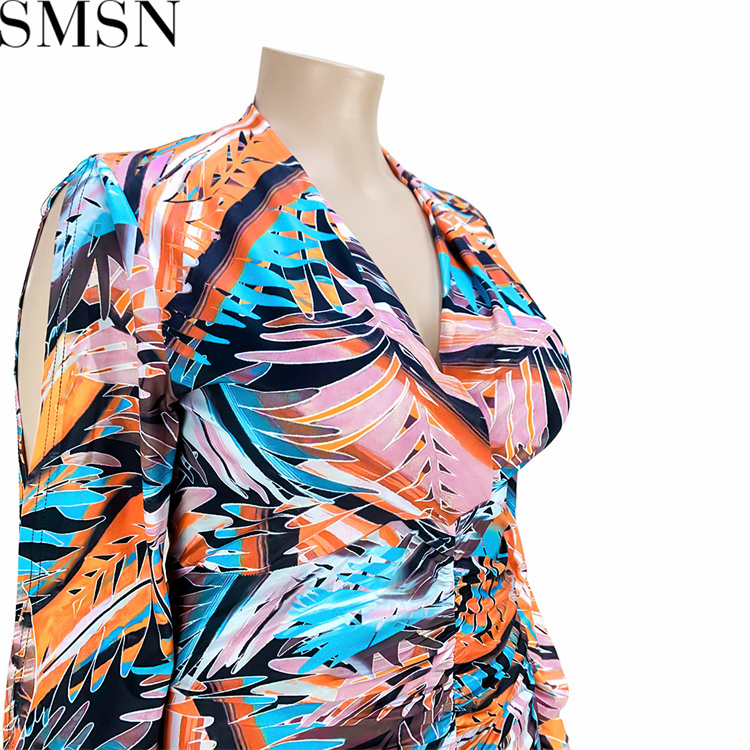 Plus Size Dress Amazon fashion v neck floral print slit pleated hollow sleeve dress
