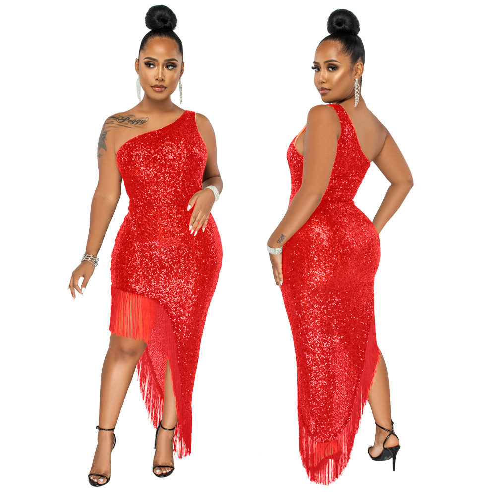 Plus size dress Amazon women fringe skirt dress irregular slit skirt