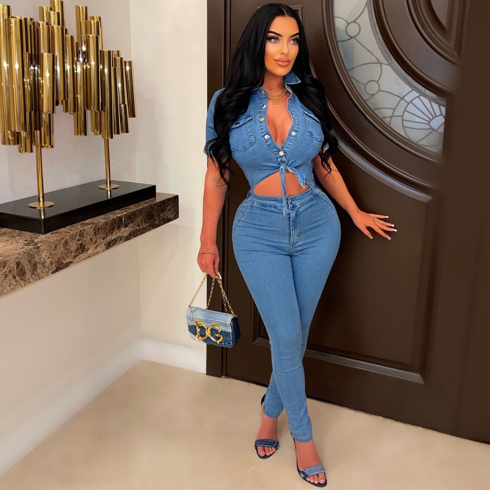 Sexy slim fitting fashion short sleeved denim jumpsuit