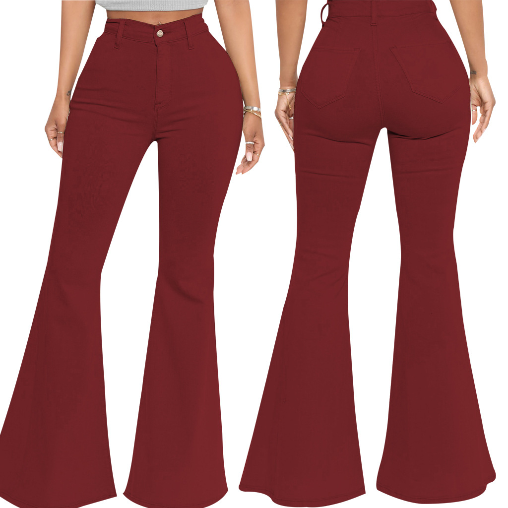 Fashion high waist elastic denim flared pants