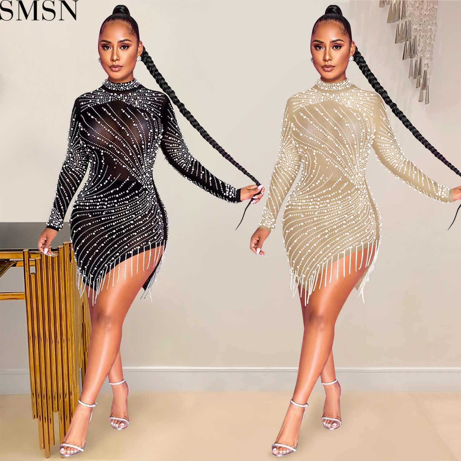 Fashion dress for women sexy nightclub mesh see-through hot rhinestone bubble bead tassel round-neck long-sleeved dress