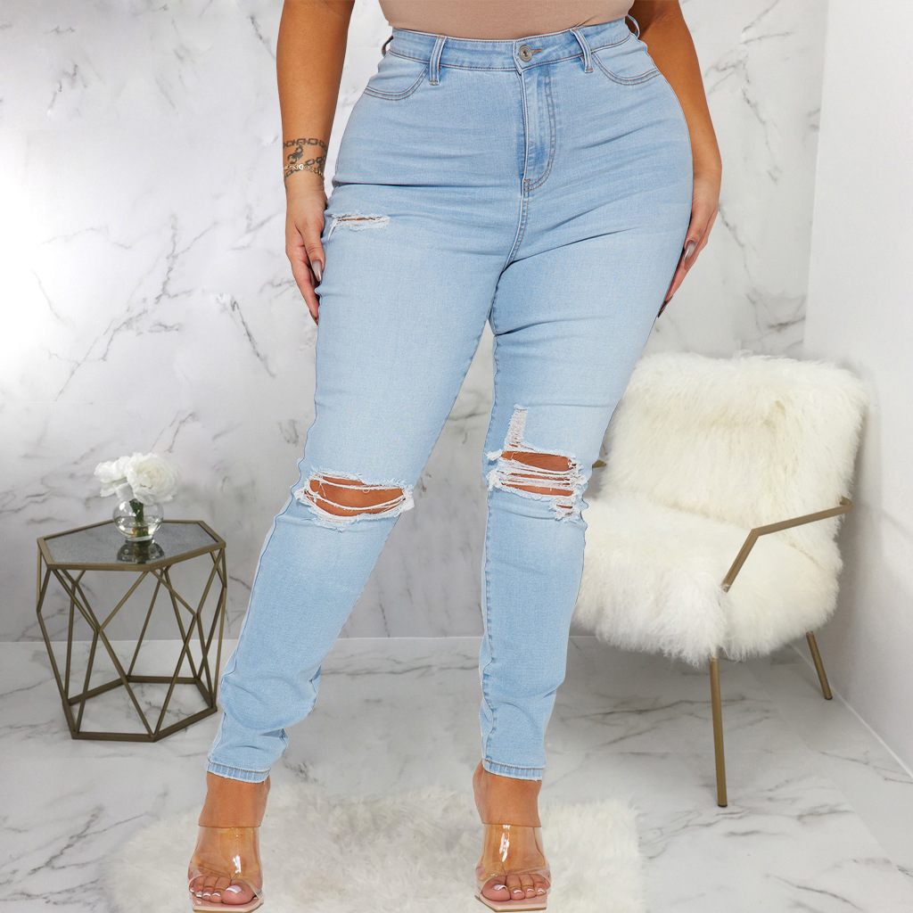 Fashion slim hole stretch jeans Slim-fit pants