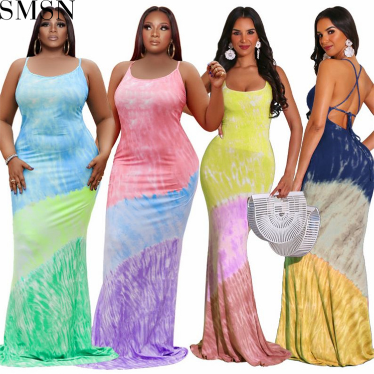Fashion women dress European and American tie dye lace up sexy plus size dress