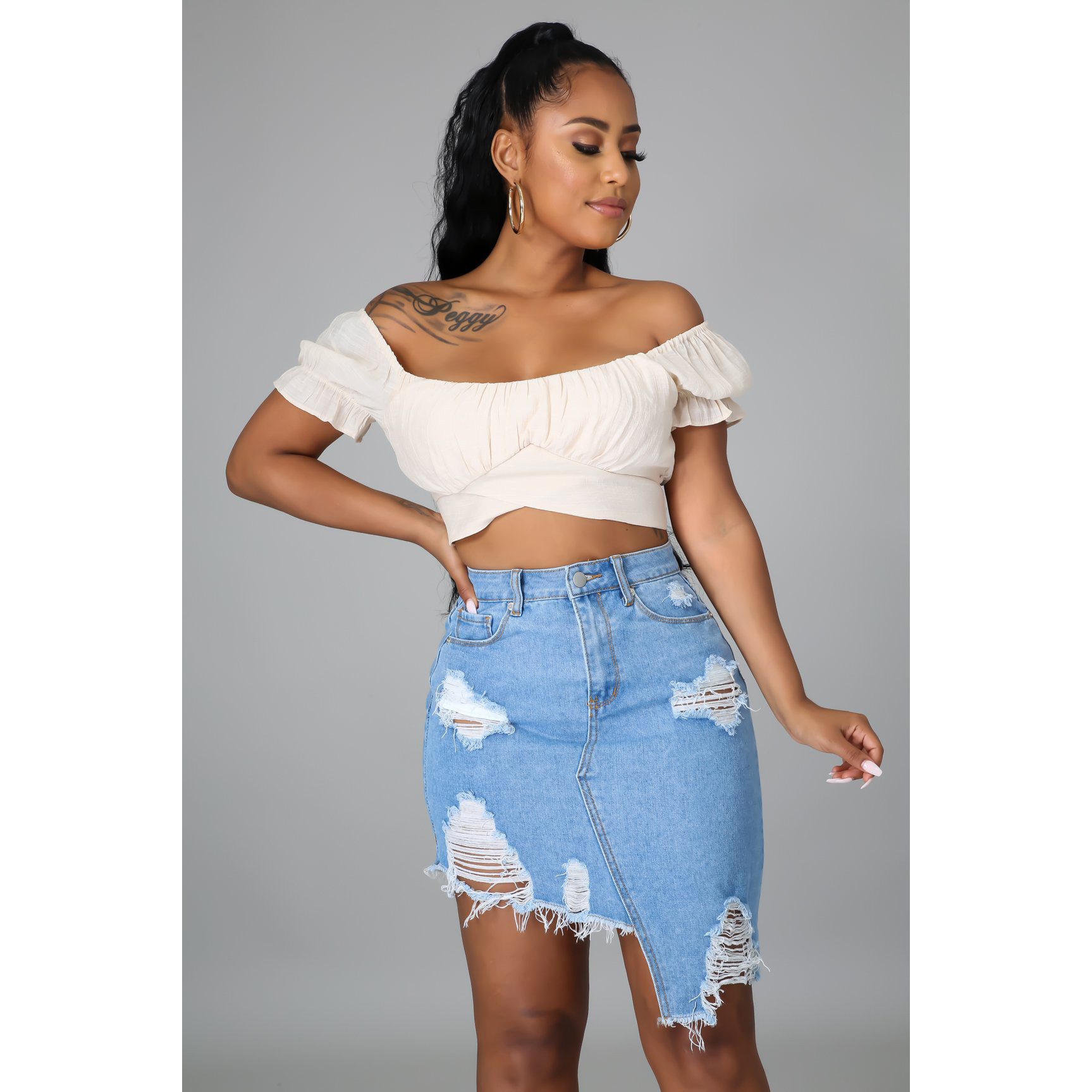 Sexy hole irregular straight denim skirt