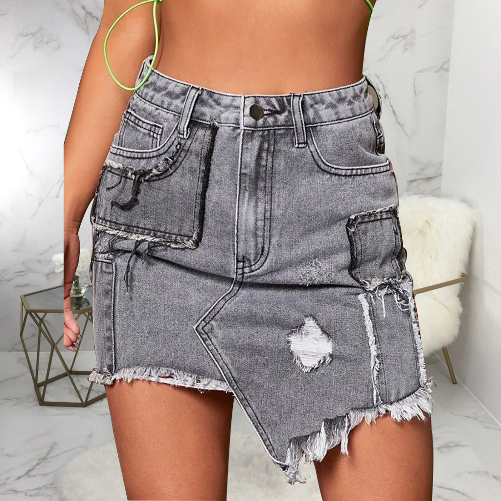 Fashionable jeans skirt with holes and buttocks