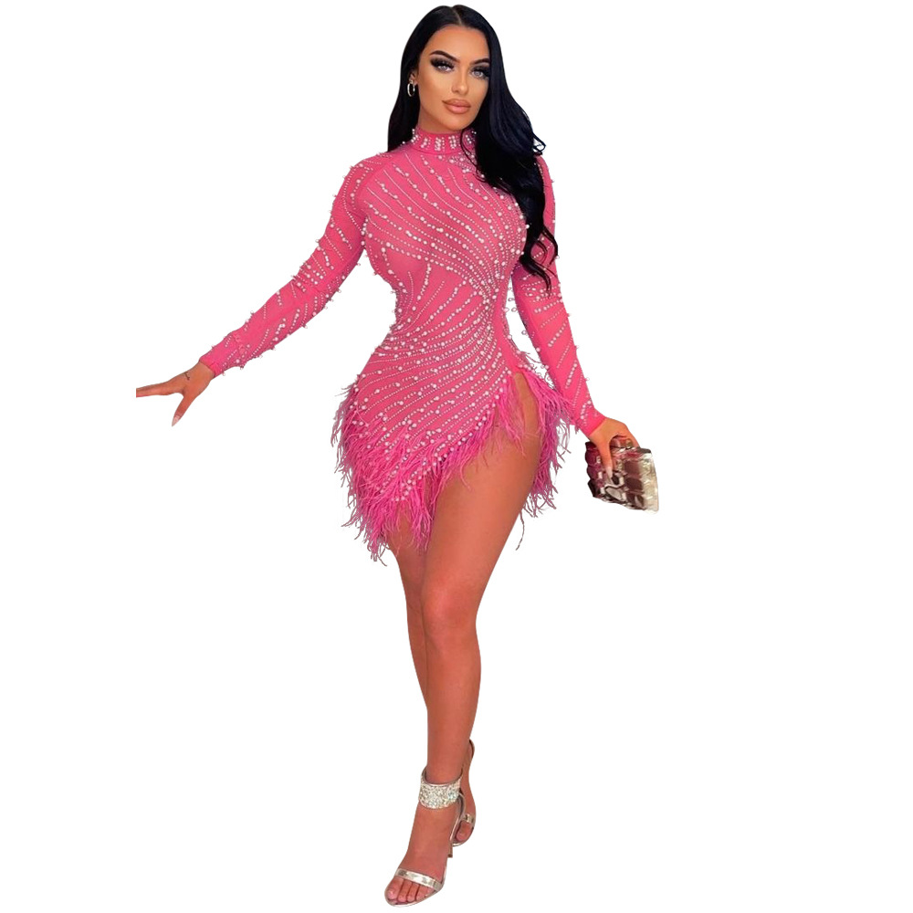 Plus Size Dress Europe and America fashion sexy mesh hot rhinestone foam feather dress