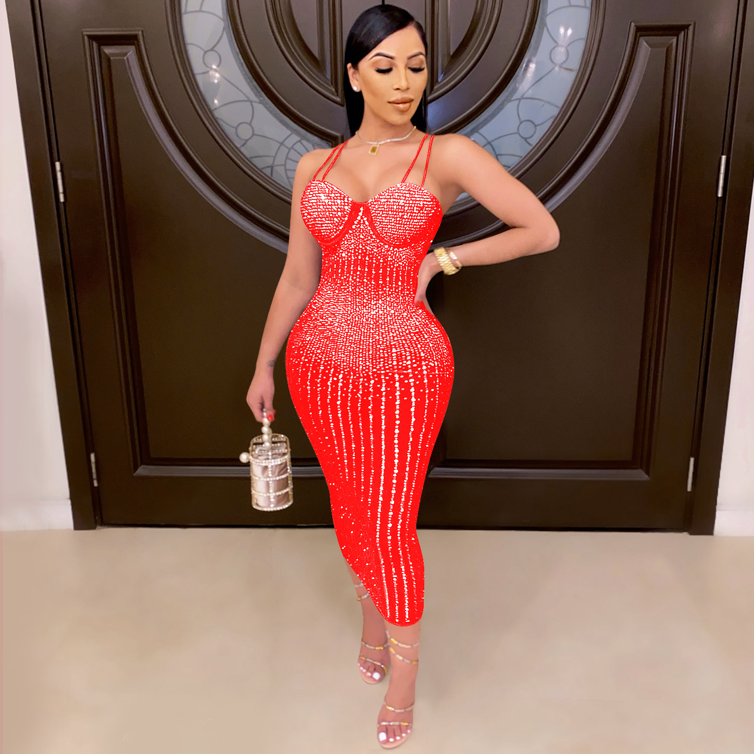 Fashion women's wear Party nightclub mesh see-through rhinestone Diamond strap dress plus size casual dress