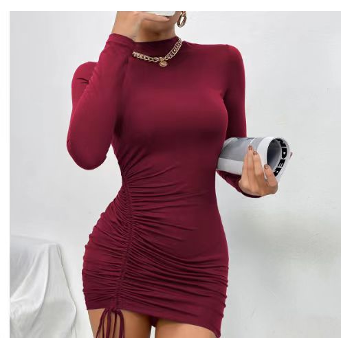 Turtleneck Purple Long Sleeve Ruched Tie Dress