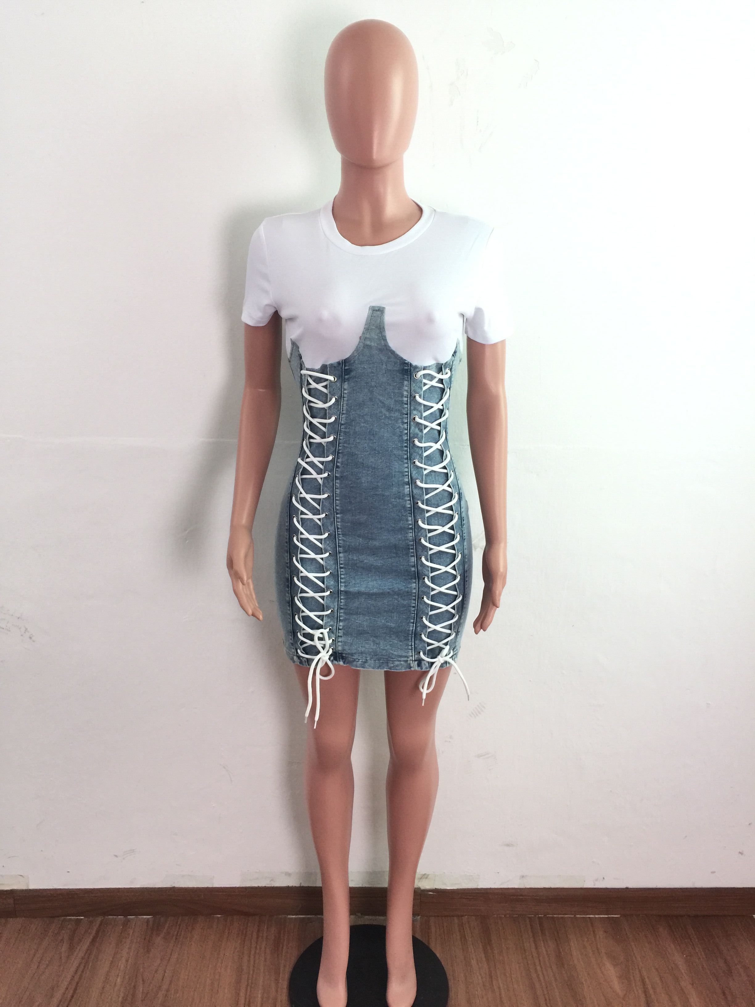 Fashion denim color matching sexy dress