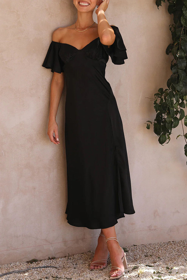 Satin Short Sleeves Sexy One Line Neck Pleated Dress