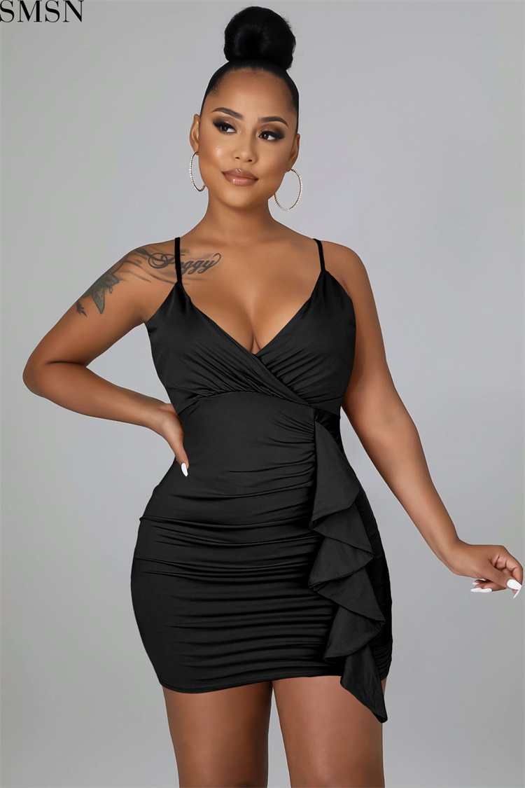 Fashion women dress sexy ruffled V neck topless sling bag hip nightclub dress