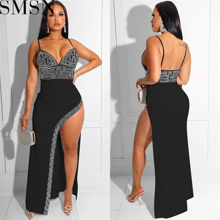 Fashion women dress Amazon new night club style rhinestone sexy strap irregular long dress