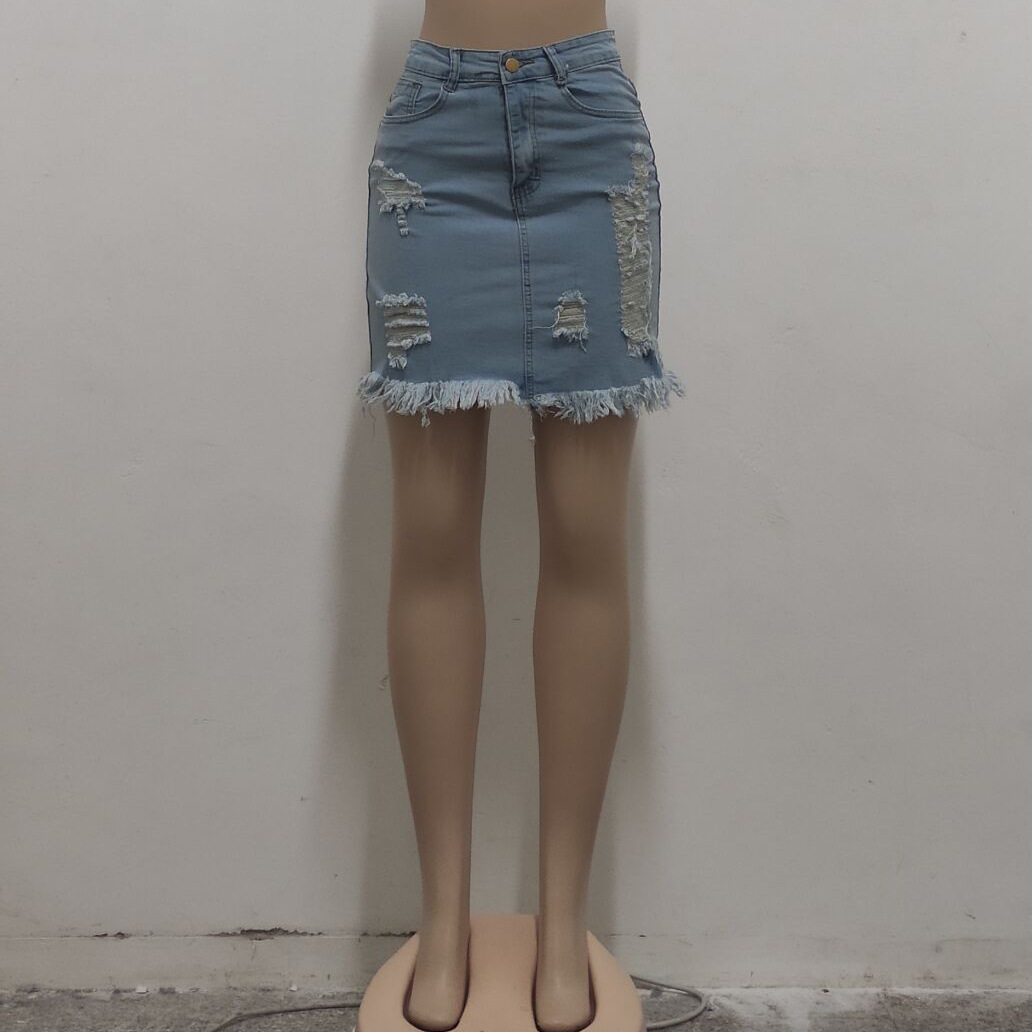 Fashion wear out high waist elastic denim skirt