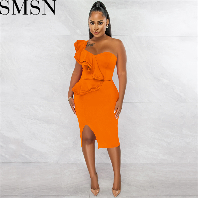 Plus Size DressFashion casual ruffled split one shoulder sleeve dress