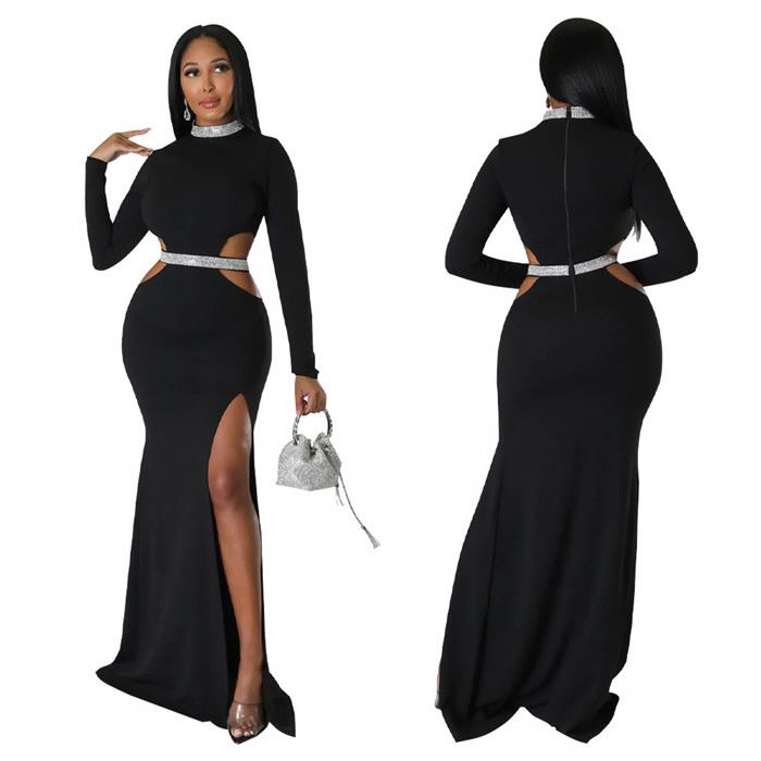Boutique fashion side split bodycon dress ladies sexy elegance hollow out evening dress