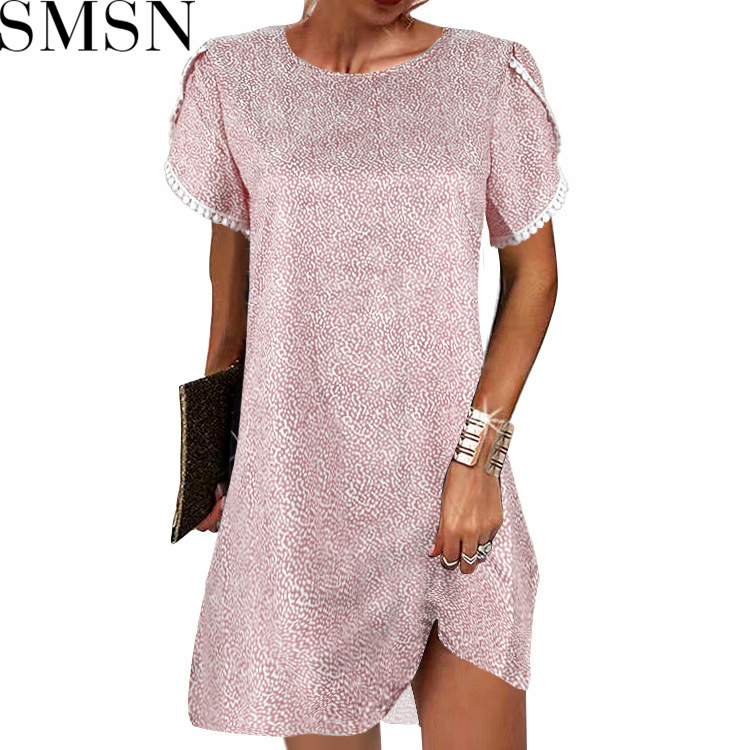 Casual Dress 2022 summer round neck short sleeve loose lace edge ladies floral dress