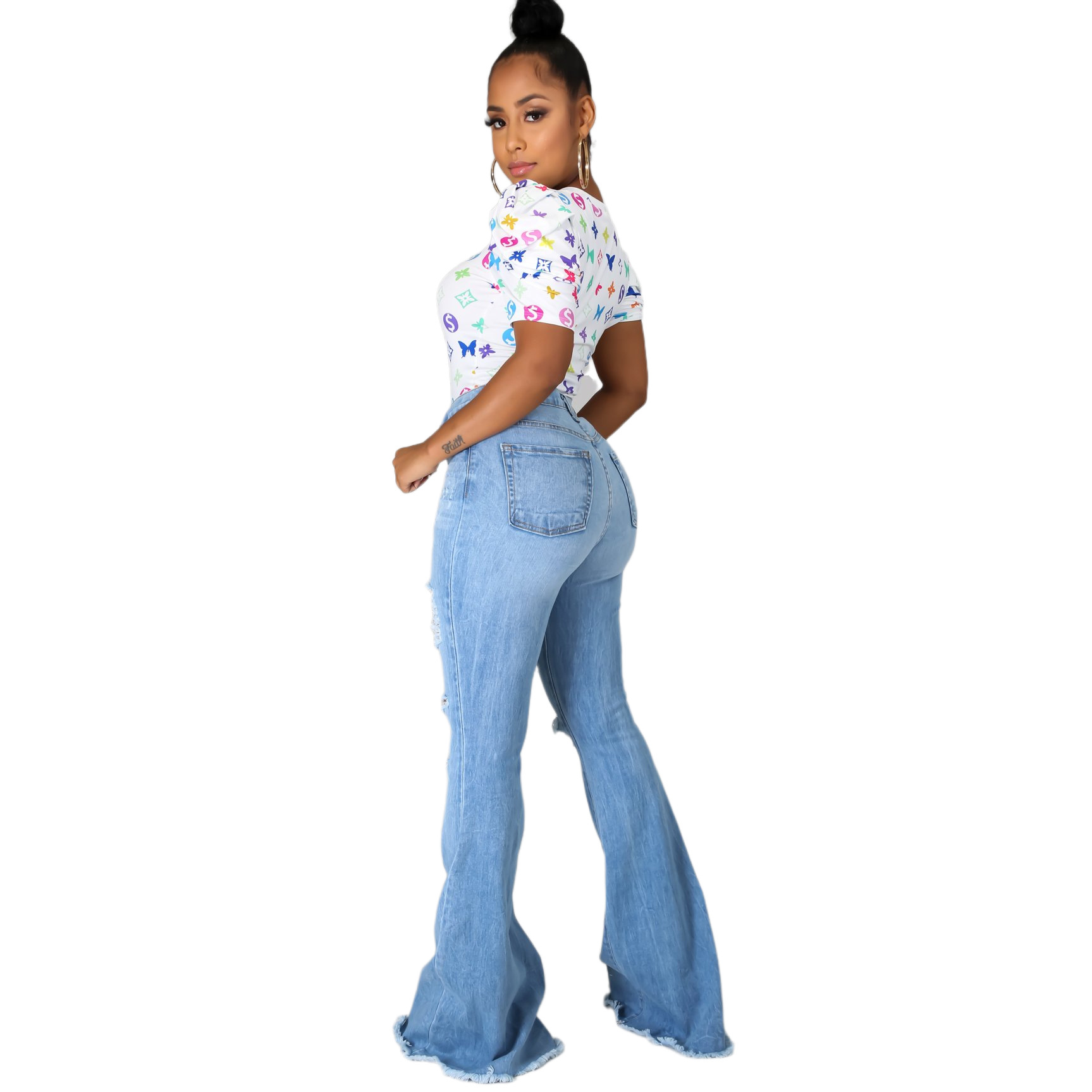 Sexy fashion trend hole elastic flared pants