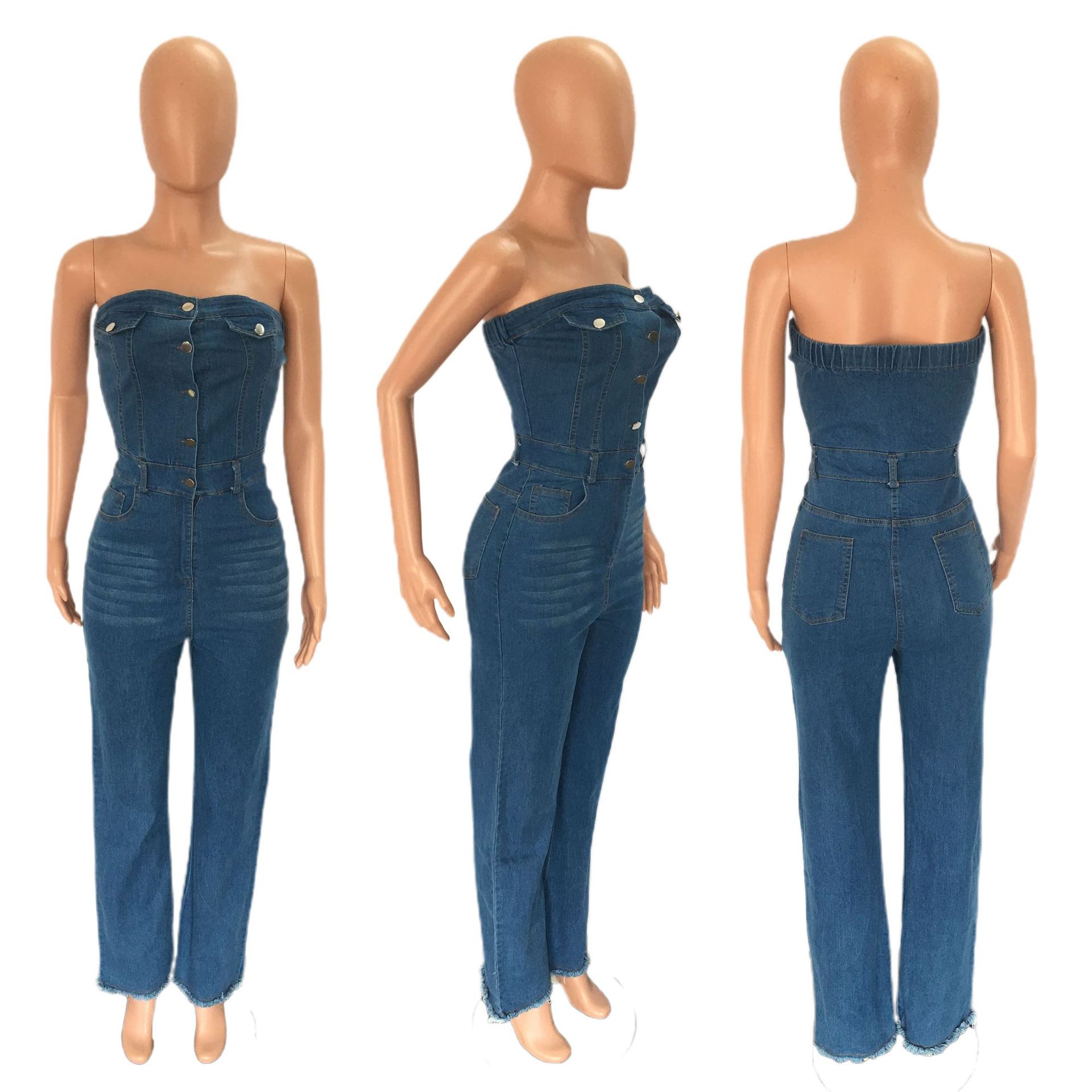Bra Large Off Shoulder Slim Fit Micro Horn Denim jumpsuit