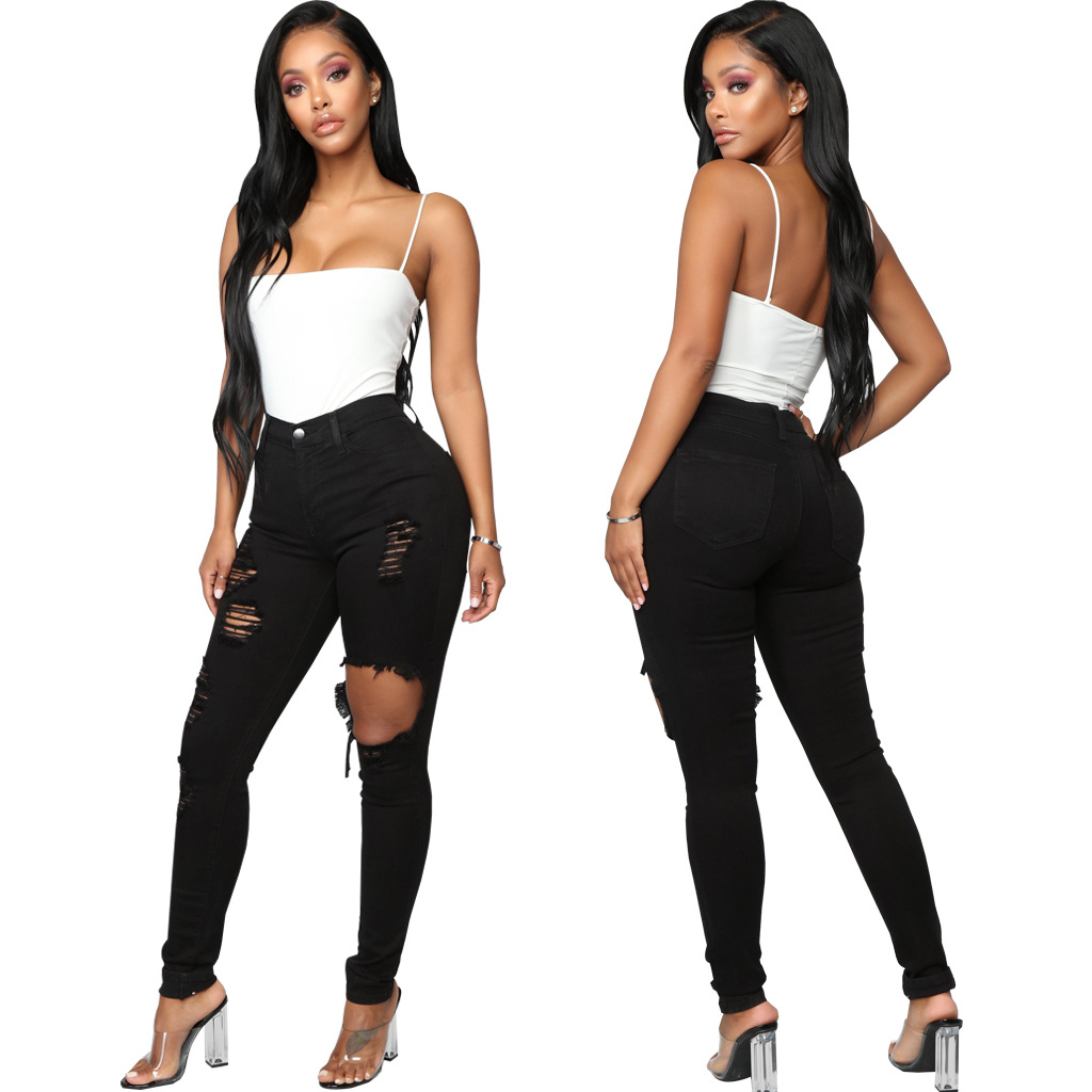 Fashion high waist denim hole tights