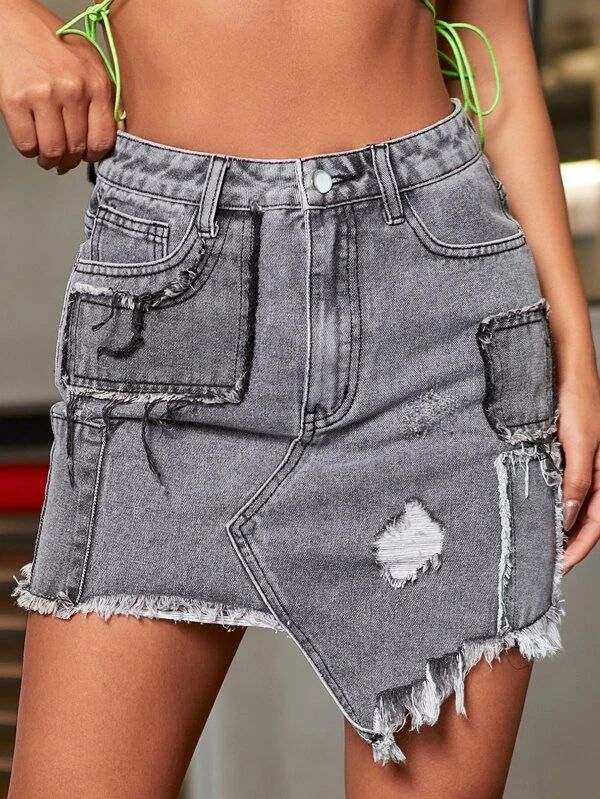 Fashionable jeans skirt with holes and buttocks