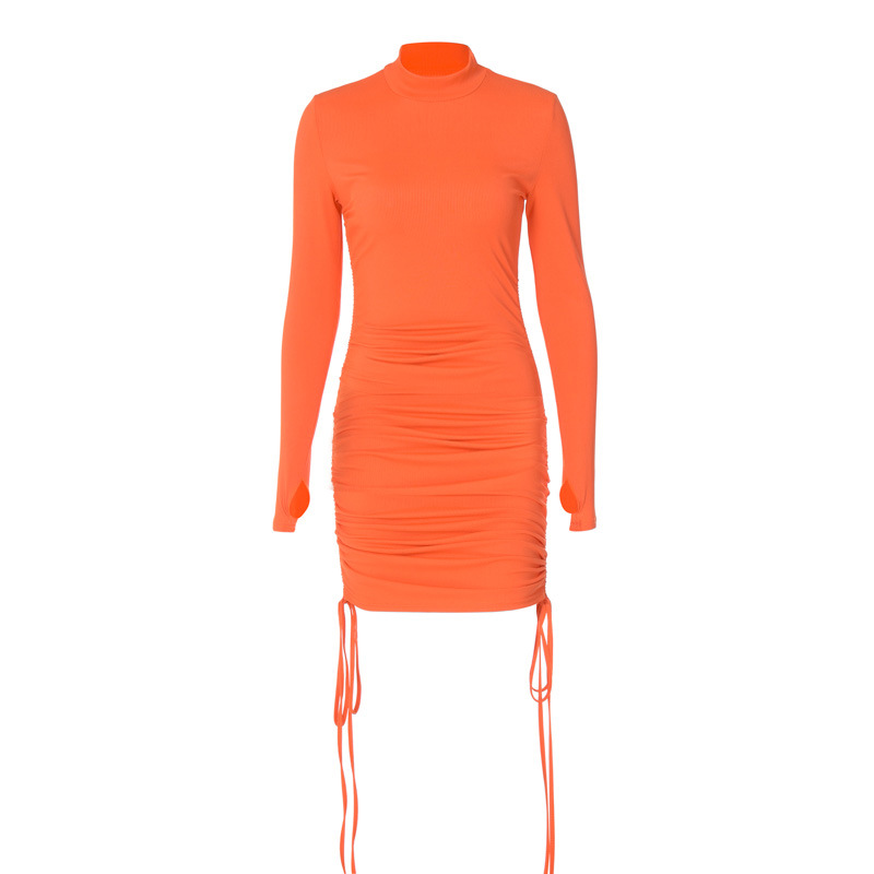 Women'S Solid Color Slim Side Drawstring Long Sleeve Dress