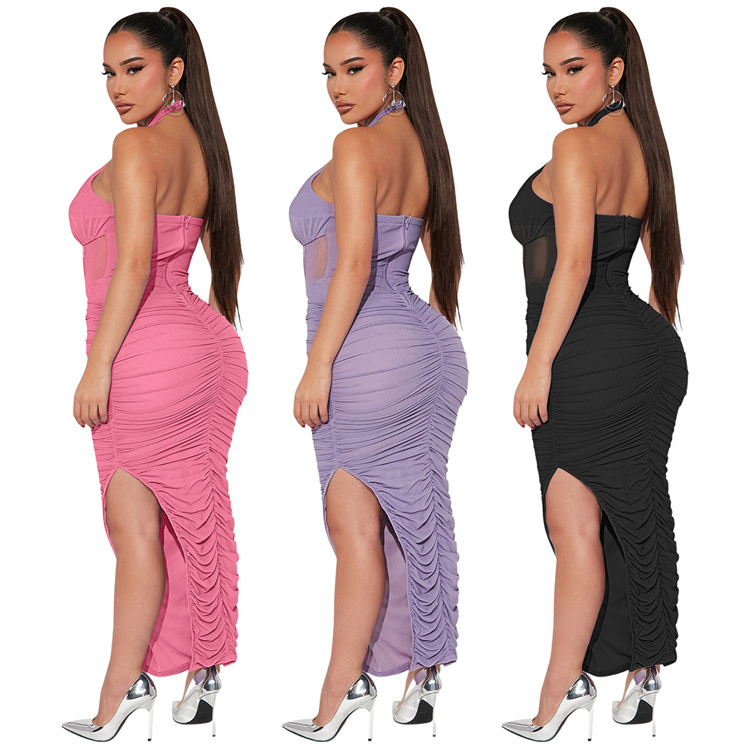 Dresses Women Halter Neck Sleeveless Mesh Double Slit Sexy Evening Dress