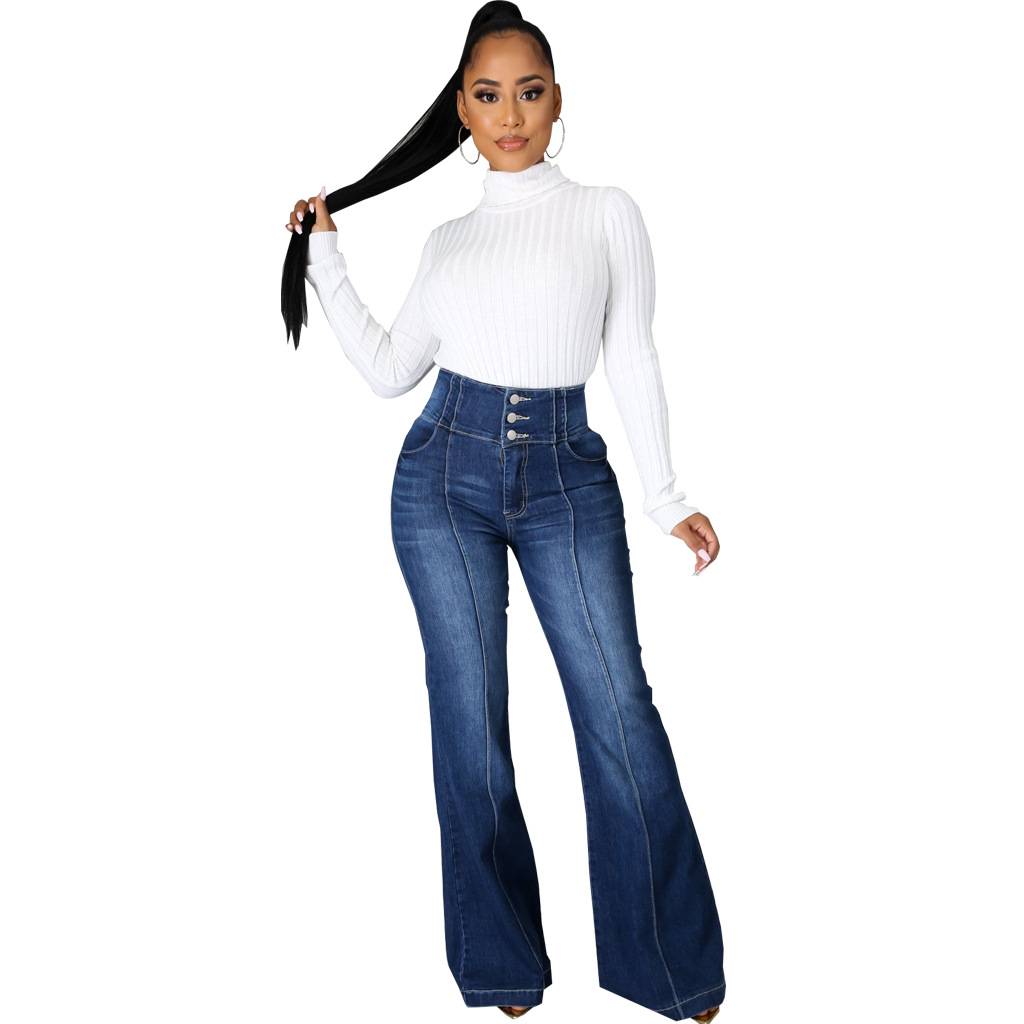 Patchwork washed denim elastic slim flare pants