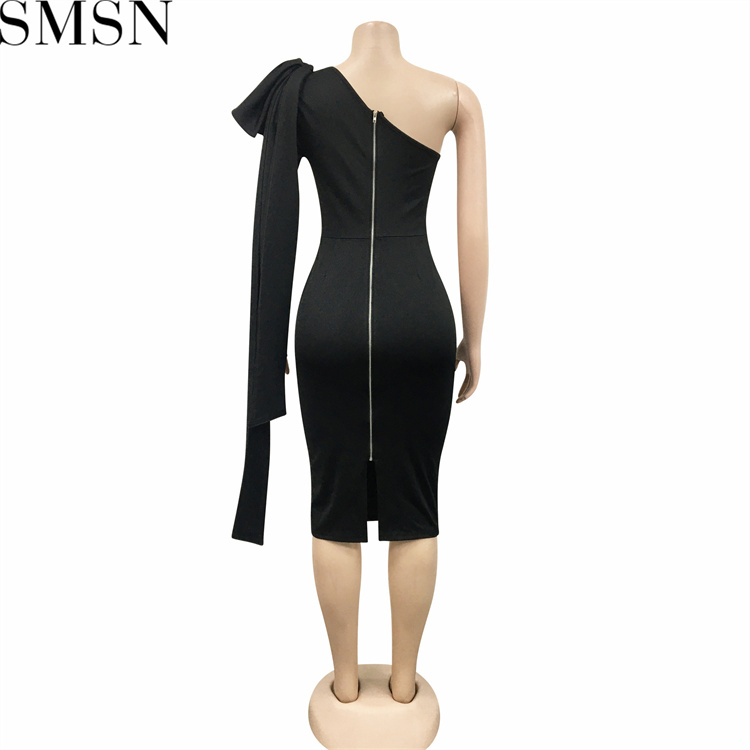 Fashion women dress Amazon women wear new diagonal collar single long sleeve bowknot ribbon dress