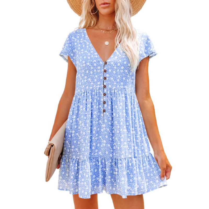 Spring and summer V-neck buttons small floral short sleeve loose casual dress women's clothing plus size casual dress