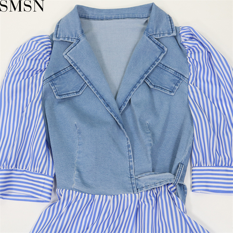 Fashion women dress striped digital printing patchwork stand up collar denim dress