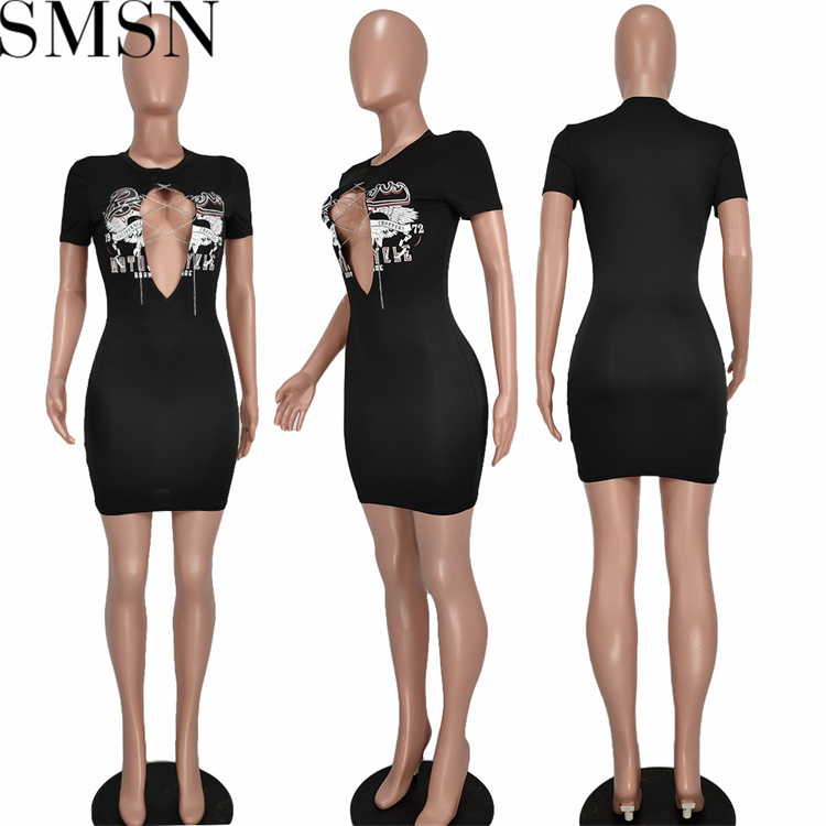 Casual Dress Circular collar careful machine chain cross hollow print dress