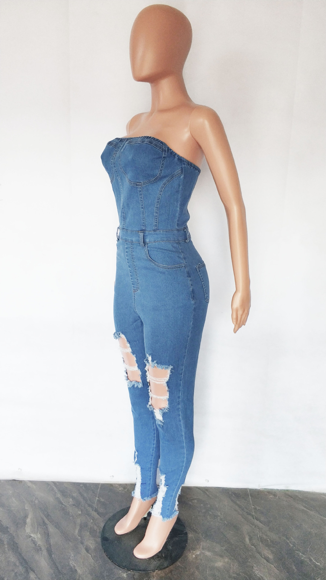 Fashion perforated Strapless jeans Jumpsuit