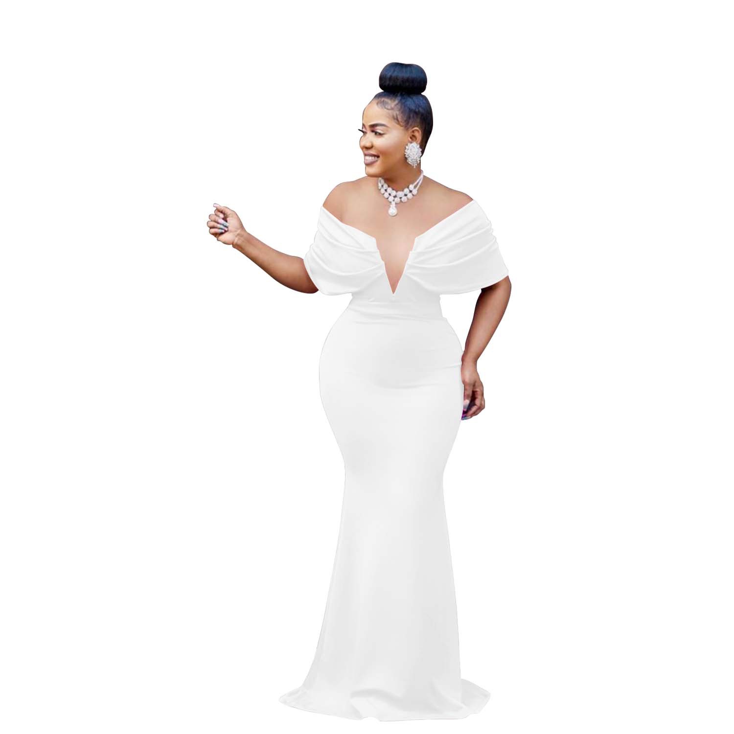 Solid Off Shoulder Deep V Open Back Fishtail Dress