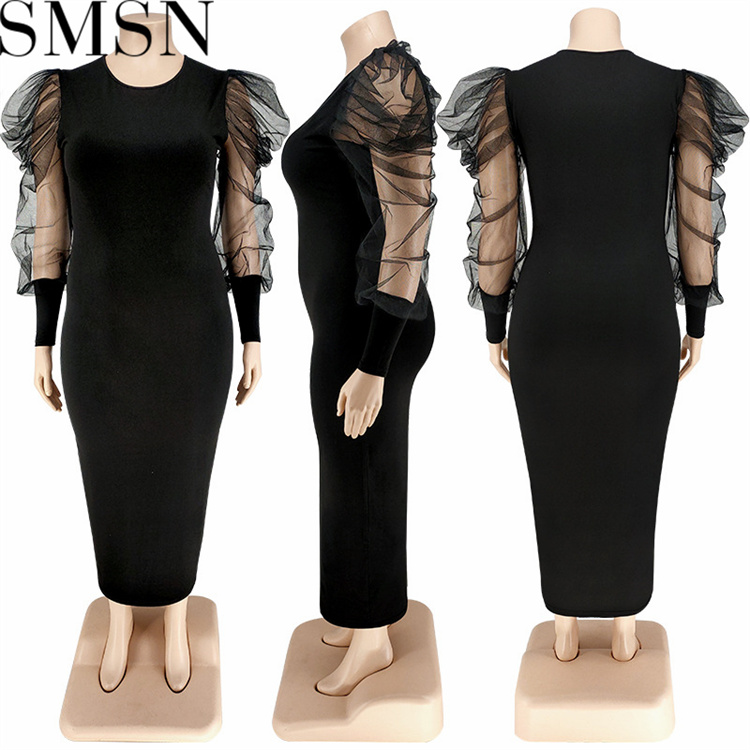 Plus Size Dress fall women clothing wholesale round neck long sleeve hit net dress