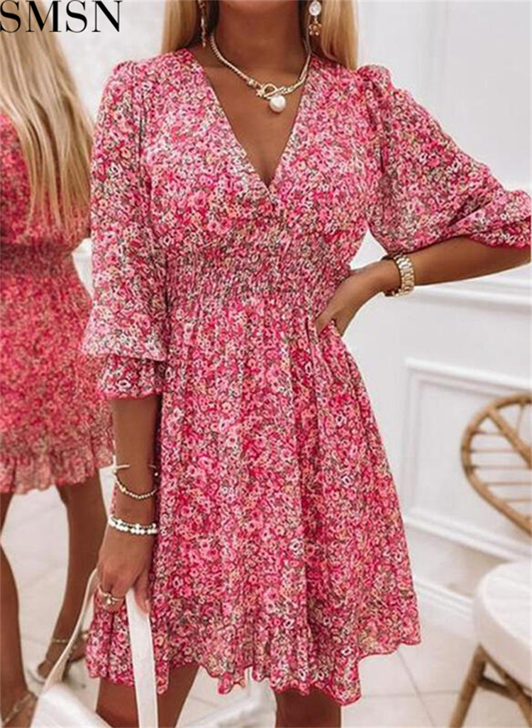 Mid-skirt pullover print short sleeve puff sleeve mid-waist floral dress plus size casual dress