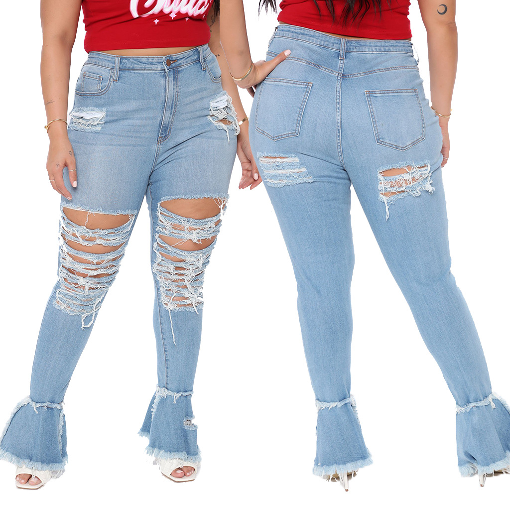 Fashion hole stitching micro flared pants