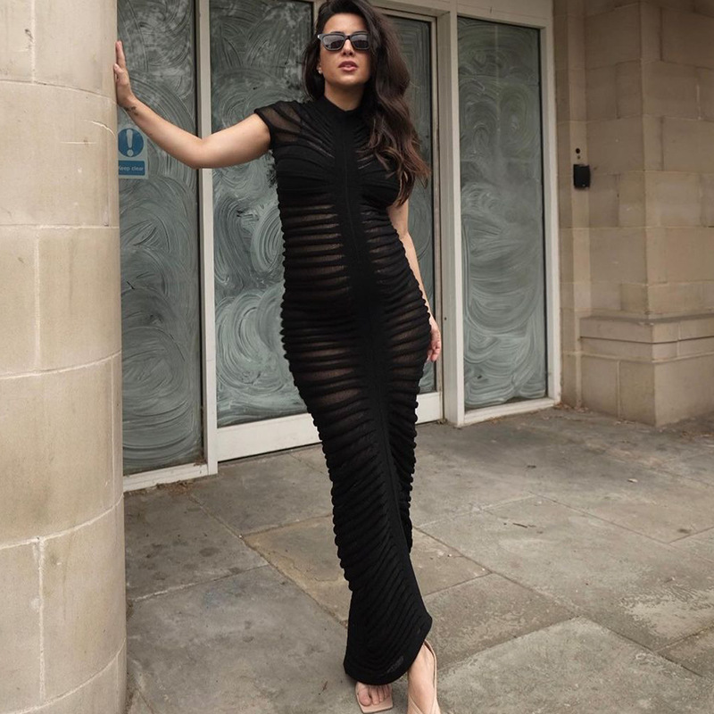 Sexy Sheer Long Cardigan Short Sleeve Button Slim Dress