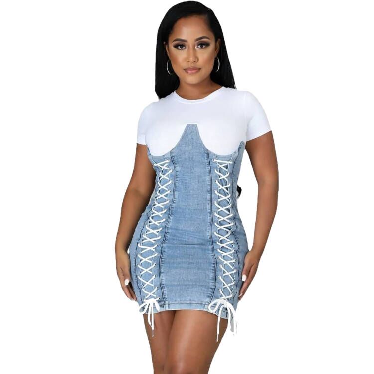 Fashion denim color matching sexy dress