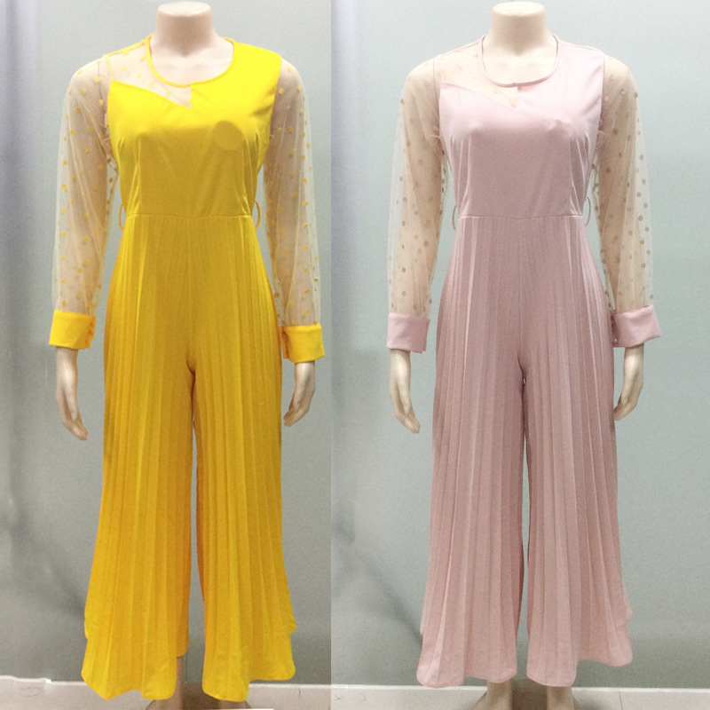 Wholesale Plus Size Patchwork One Piece Wide Leg Jumpsuits Chiffon Mesh See-Through Jumpsuit