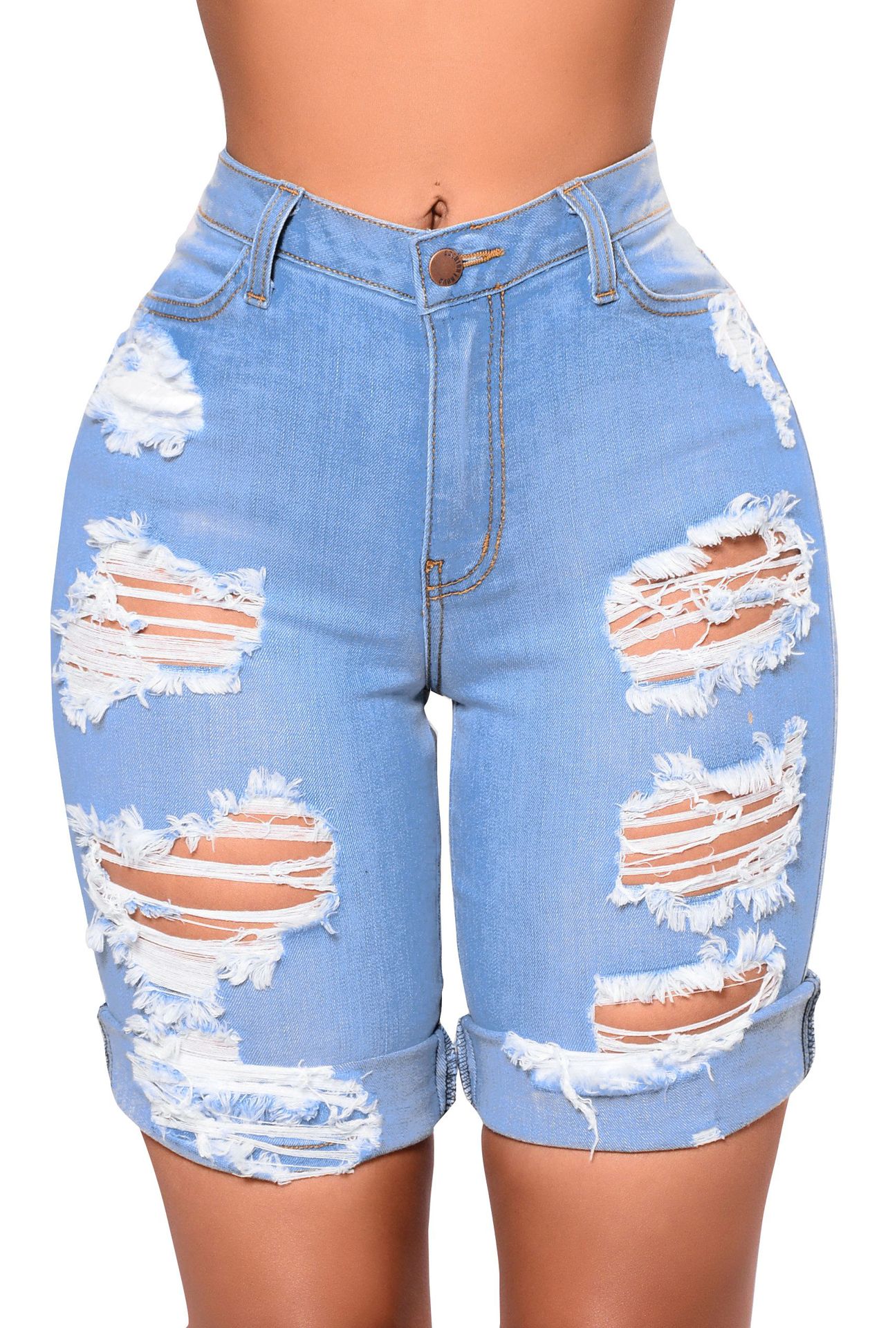 Fashionable water wash hole high waist jeans