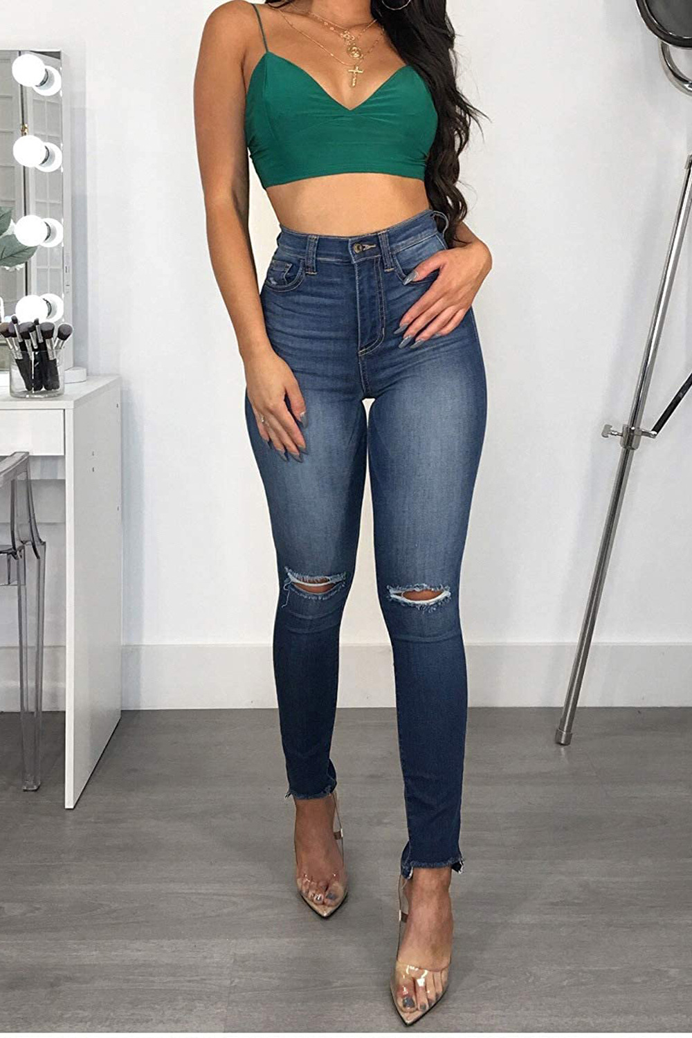 Fashion high waist denim tight pants with holes