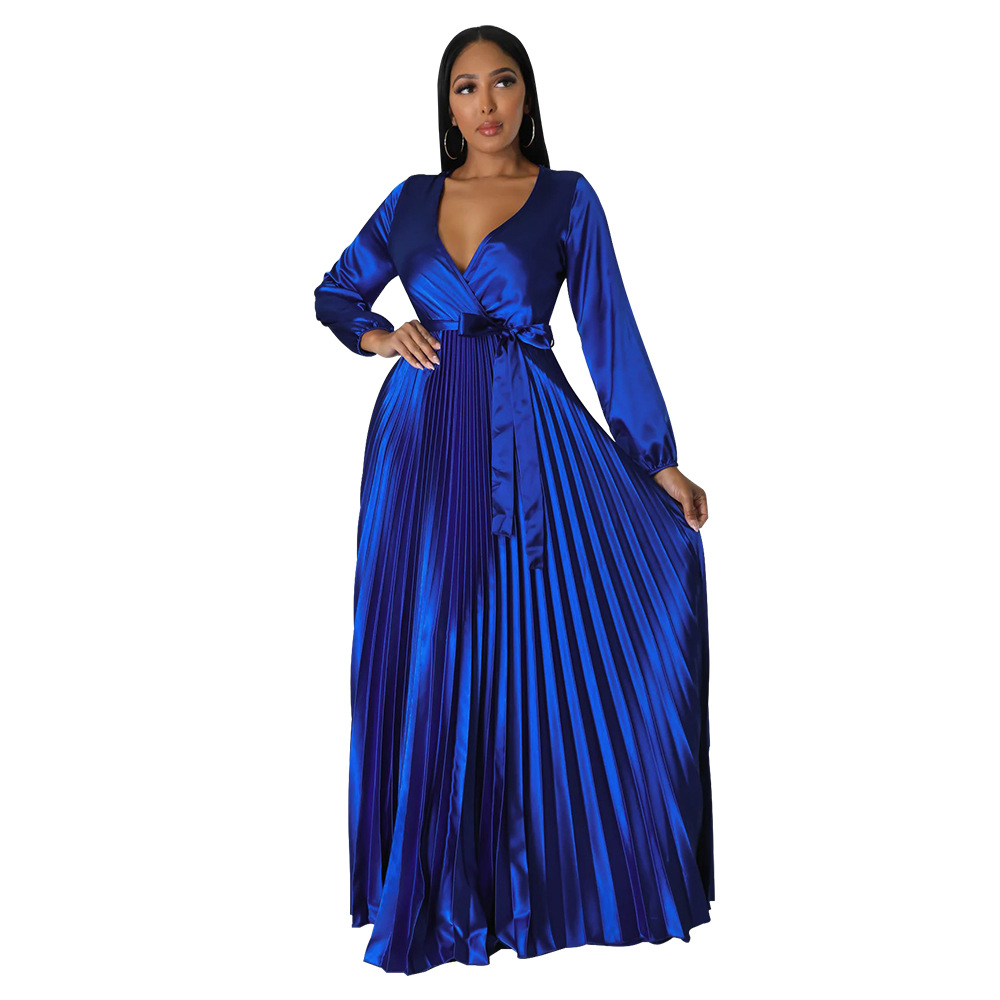 Plus Size Dress Europe and America cross border Amazon fall V neck lantern sleeve pleated dress