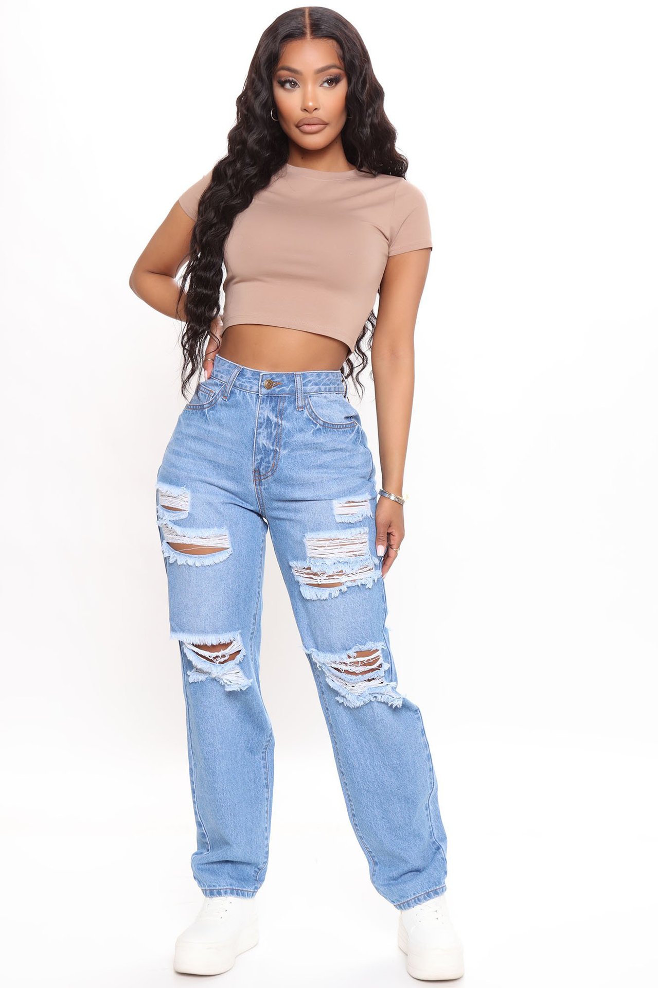 Casual loose High Waist Wide Leg Jeans with holes