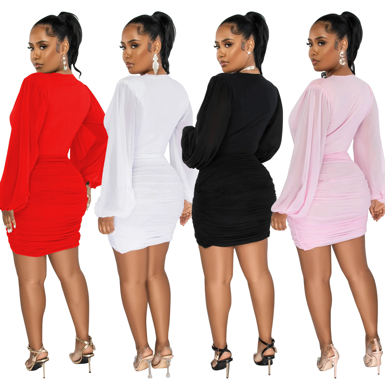 Women'S Solid Color Sexy V-Neck Long-Sleeved Pleated Dress