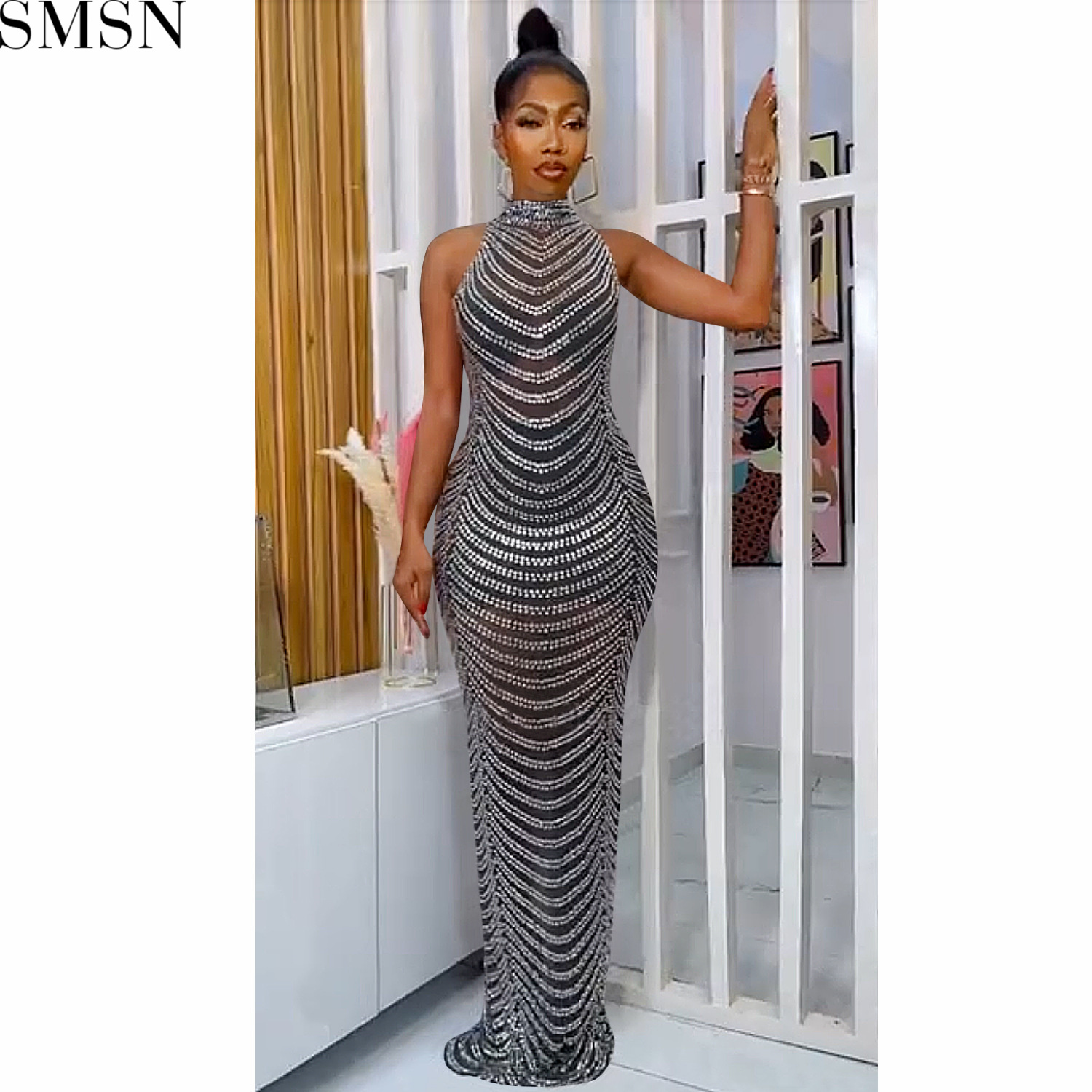 Fashion women dress sexy backless nightclub party formal dress rhinestone see-through dress for women
