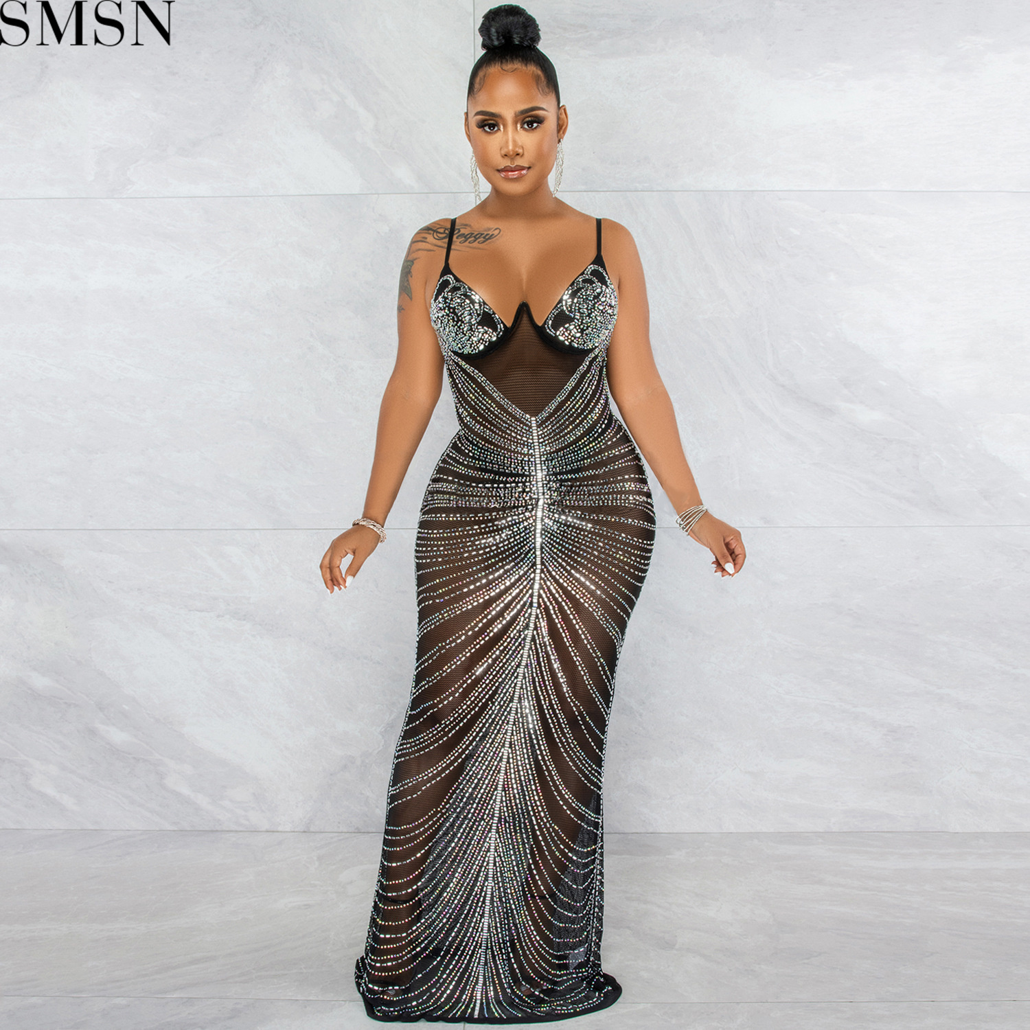 Plus Size Dress new hot rhinestone sexy spaghetti straps chest wrap mesh see-through maxi dress