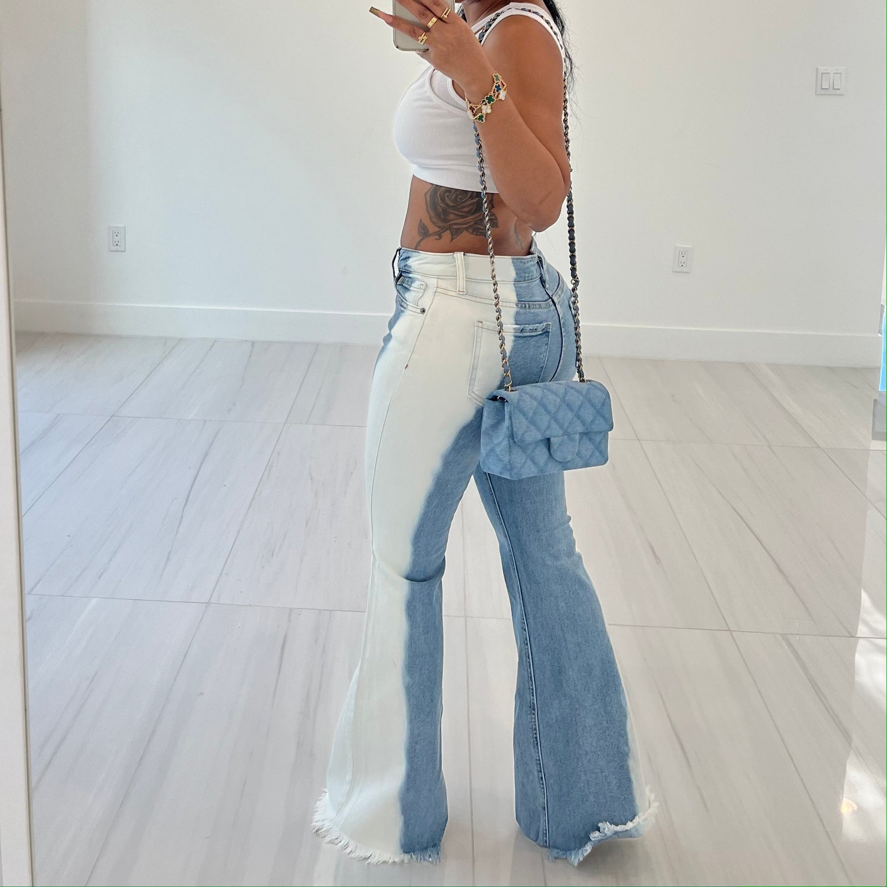 Stretch gradient color blocking micro flare buttocks sexy jeans