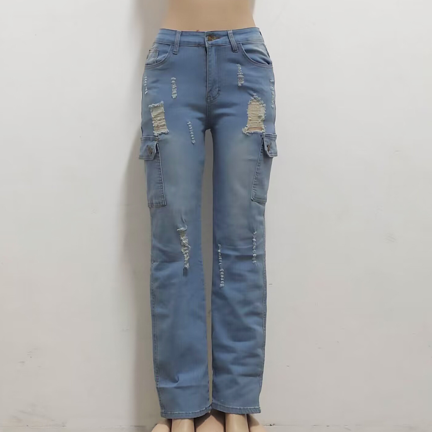 Fashion Pocket High Waist Elastic Slim Fit Straight Leg Pants